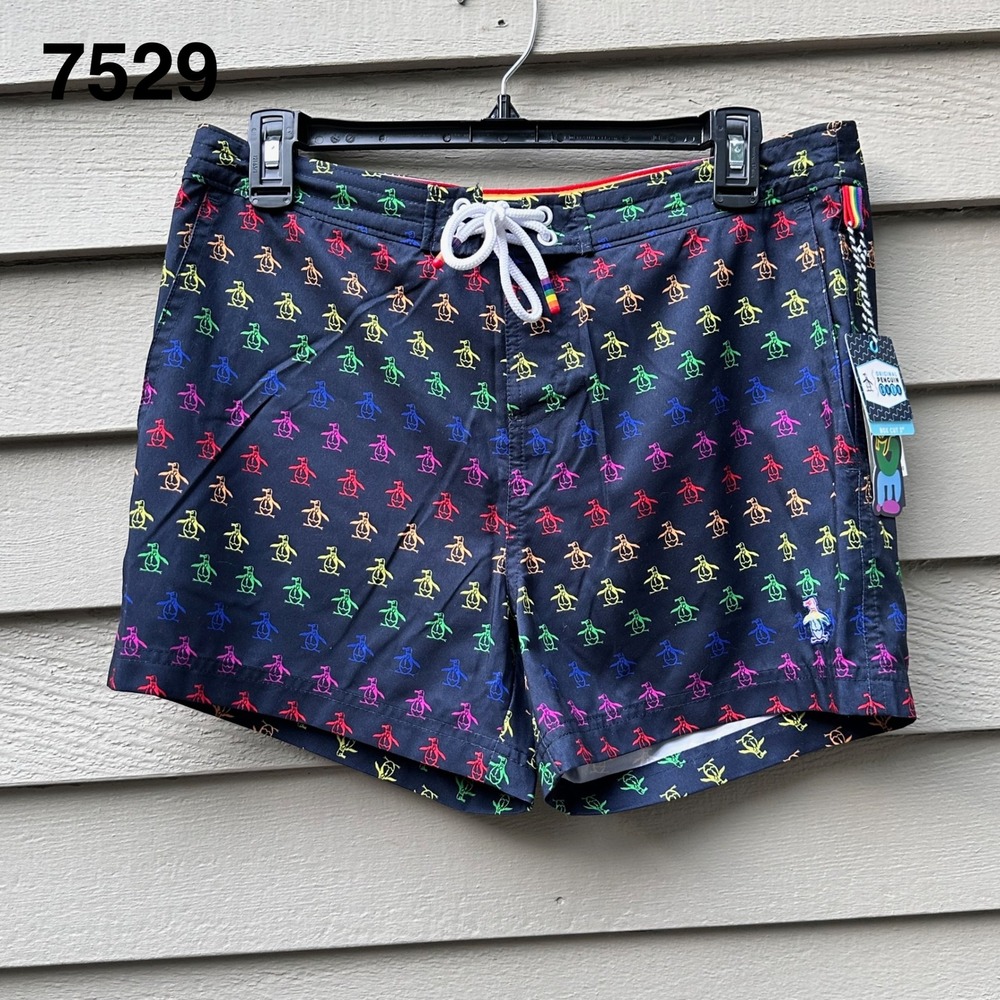 Original Penguin Pride Swim Trunks Mens 30 Dark Sapphire Rainbow Box Cut 3.5"